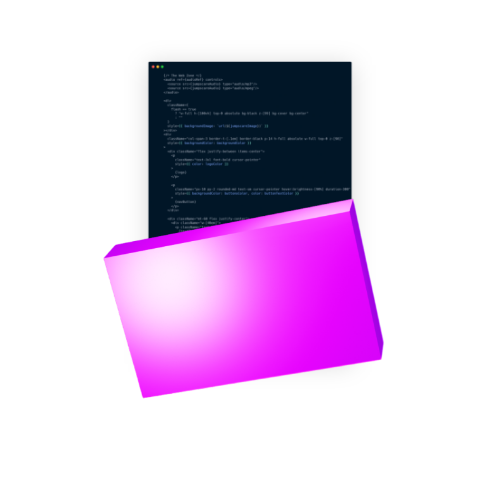 A simplified 3D site page with a coding UI behind